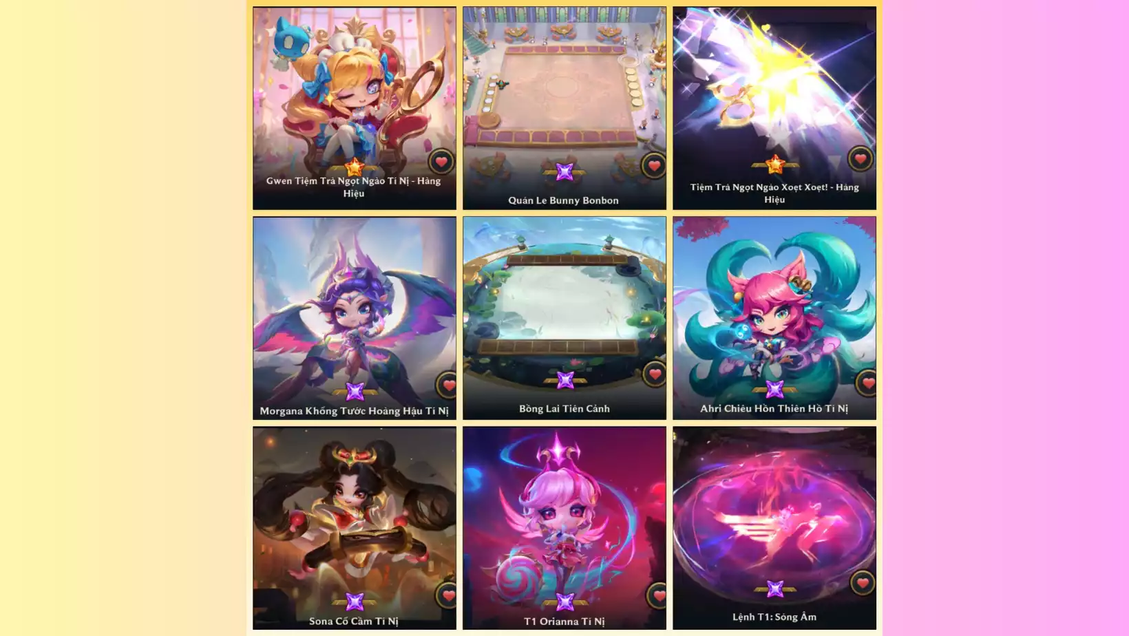 FULL COMBO GWEN HÀNG HIỆU MORGANA HẬU HOÀNG TÍ NỊ AHRI CHIÊU HỒN THIÊN HỒ TÍ NỊ SONA CỔ CẦM TÍ NỊ ORIANNA T1 TÍ NỊ SÂN BỒNG LAI TIÊN CẢNH